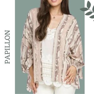 Papillon Kimono Top Long Sleeve Vertical Stripe Paisley Pink Cream Light Brown